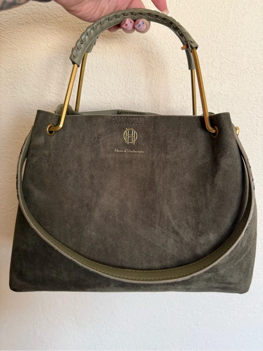 House of Harlow 1960 Olive Suede Satchel with Gold Hardware
